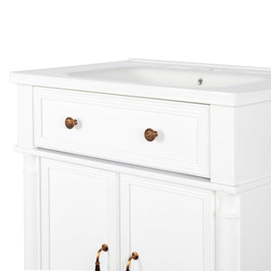 English Elm 27.8" Mid-century Freestanding Bathroom Vanity with Ceramic Sink Drawer and Wood Base White W1801S00006