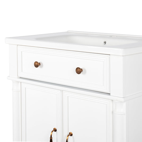 English Elm 27.8" Mid-century Freestanding Bathroom Vanity with Ceramic Sink Drawer and Wood Base White W1801S00006