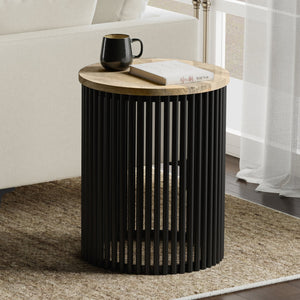 English Elm Demy Tall Side Table with Solid Mango Wood Top & Black Metal Base, Slim Eco-Friendly Accent (98) B136P361859
