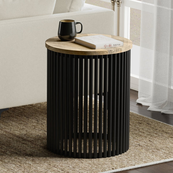 English Elm Demy Tall Side Table with Solid Mango Wood Top & Black Metal Base, Slim Eco-Friendly Accent (98) B136P361859