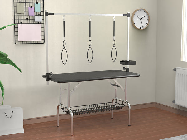 English Elm 47'' Stainless Steel Foldable Pet Grooming Station with Adjustable Arm Noose Mesh Tray Black W3587P462651