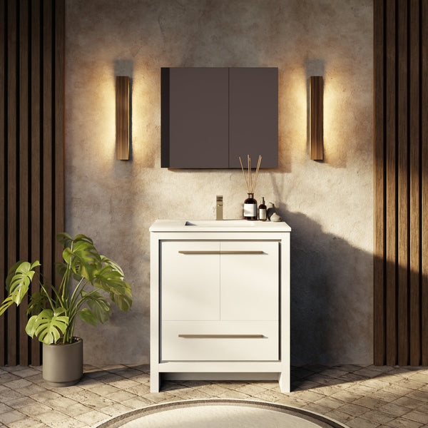 English Elm White 30 in. Bath Vanity with Cultured Marble Top, Soft‑Close, Mirror Included, Scratch‑Resistant Surface and Ample Storage B2731S01483