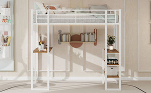 English Elm Iron framed bunk bed with L-shaped study desk and dual-side stairs, space-saving durable design White W1935P330796