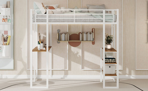English Elm Iron framed bunk bed with L-shaped study desk and dual-side stairs, space-saving durable design White W1935P330796