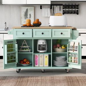 English Elm Kitchen Cart with Drop-Leaf Rubberwood Countertop, Rolling Island with Cabinet, Drawers & Racks for Dining Room - Stylish Durable Storage Solution Mint Green WF298028AAE