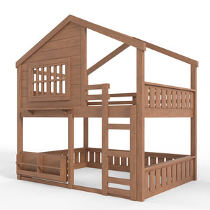 English Elm Full Bunk Bed with Trundle Bookshelf Storage Pine Frame Car Design for Kids Natural W1580S00522