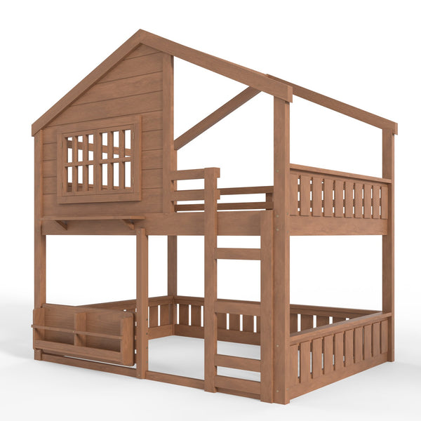 English Elm Full Bunk Bed with Trundle Bookshelf Storage Pine Frame Car Design for Kids Natural W1580S00522