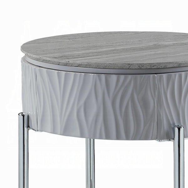 English Elm Grey High Gloss End Table With Chrome Legs And Drawer – Modern Accent For Stylish Living Spaces B062P209132