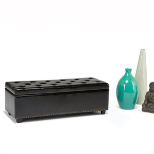 English Elm Hamilton Storage Ottoman: Stylish Midnight Black Vegan Leather With Hidden Storage & Seating Solution B136P158171