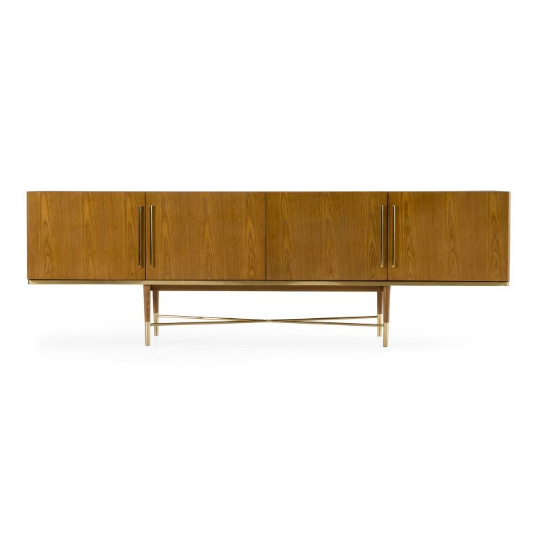 VIG Furniture Bernard Mid-Century Walnut Buffet With Gold Accents, 4-Cabinet Display Storage & Conical Legs VGCSSB-17118
