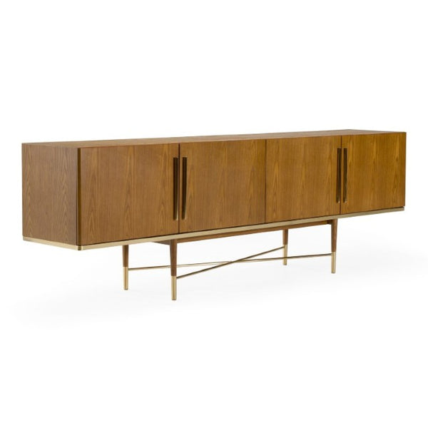 VIG Furniture Bernard Mid-Century Walnut Buffet With Gold Accents, 4-Cabinet Display Storage & Conical Legs VGCSSB-17118