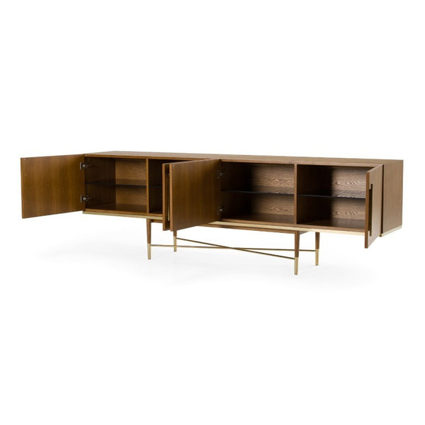 VIG Furniture Bernard Mid-Century Walnut Buffet With Gold Accents, 4-Cabinet Display Storage & Conical Legs VGCSSB-17118