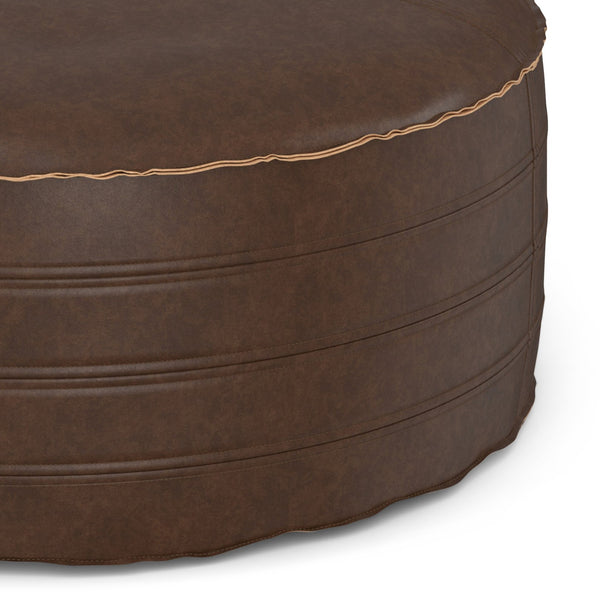 English Elm Brody - Stylish 32" Round Pouf Coffee Table In Distressed Dark Brown - Versatile Seating & Ottoman B136P159352