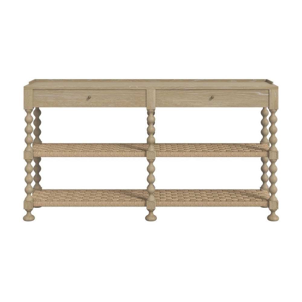 A.R.T. Furniture Haven Console Table with Rustic Sun Oak Finish, Vintage Charm, Drawers & Woven Rattan Shelves 339307-2325