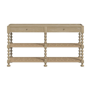 A.R.T. Furniture Haven Console Table with Rustic Sun Oak Finish, Vintage Charm, Drawers & Woven Rattan Shelves 339307-2325