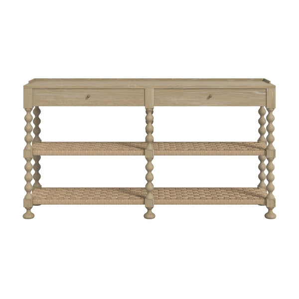 A.R.T. Furniture Haven Console Table with Rustic Sun Oak Finish, Vintage Charm, Drawers & Woven Rattan Shelves 339307-2325