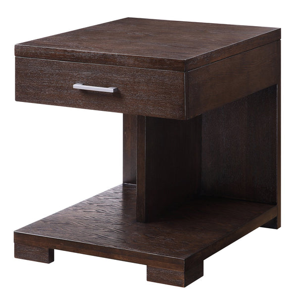 English Elm Walnut Modern 1-Drawer End Table with Safety-Stop Drawer, Divided Lower Shelf & Sturdy Bracket Legs B062P186490