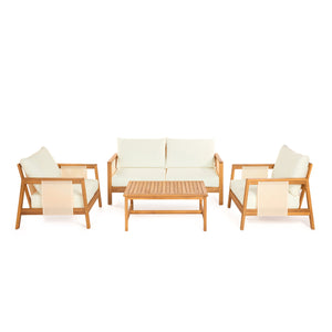 English Elm 4-pieces Acacia Wood Outdoor Conversation Set with Loveseat Club Chairs Patio Table Brown,Teak+ Beige N768P368824T_N768P368823T_2