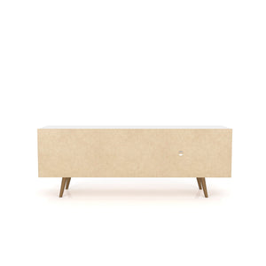 English Elm Liberty 71" TV Stand with Mid-Century Splayed Legs, Wire Management, Drawer & Cubby Storage Natural+White B365P398370