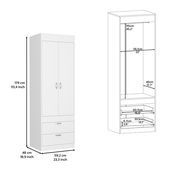 English Elm Armoire with 70" Height for Bedroom Storage, Double Door Cabinet with Hanging Rod and Two Spacious Drawers White 74 L x 23 W x 4 H B097133139