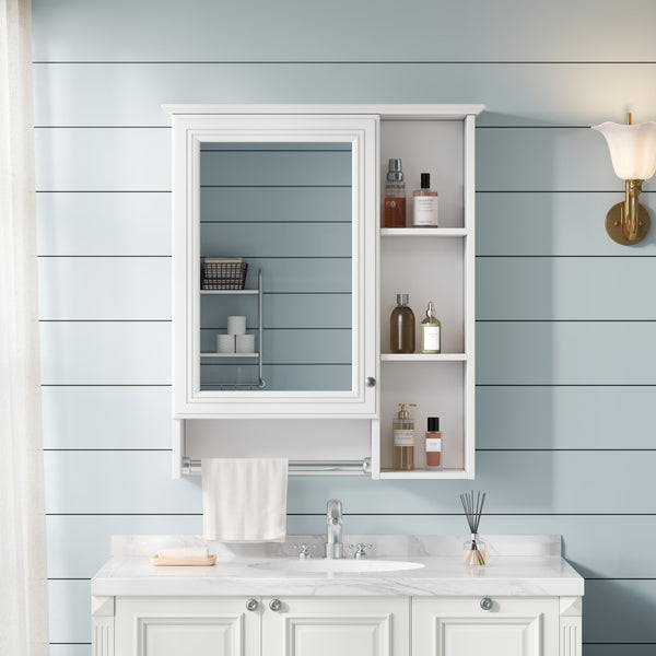 English Elm 3-in-1 Matte Medicine Cabinet Wall Mounted Mirror with Towel Bar and Storage Shelf White N710P401340K