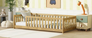 English Elm Twin Size Rubberwood Floor Bed with Safety Fence for Toddler Rooms Natural Finish W504P370528