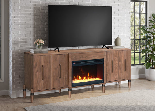 English Elm Tranquility Walnut Fireplace Tv Stand with Mid-century Legs Fits Tvs up to 90 Inches B108P411438
