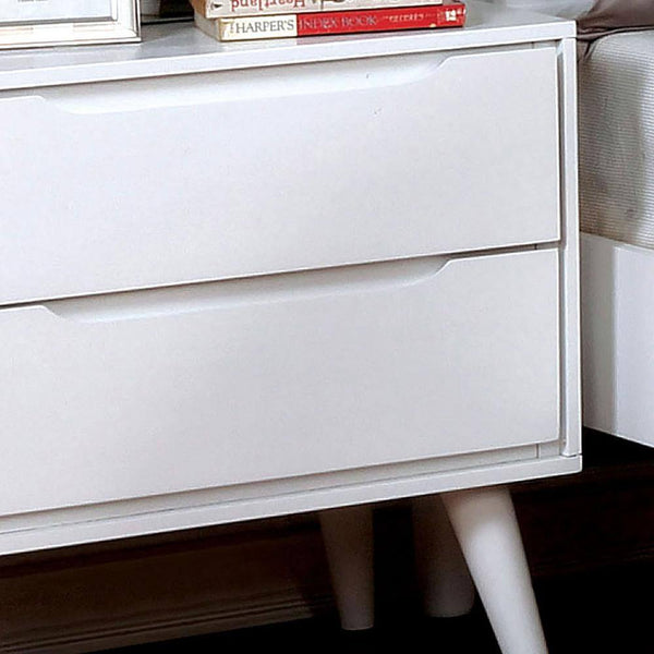 English Elm Mid-Century White Nightstand with Solid Wood Veneer, 2-Drawer Bedside Table, Tapered Round Legs, Recessed Handles B011P218338