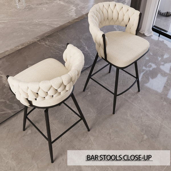 English Elm 26" Bar Chair Suede Woven Bar Stool Set of 2 with 360° Swivel, Plush Technical Leather, Sturdy Metal Base White W2189P180368