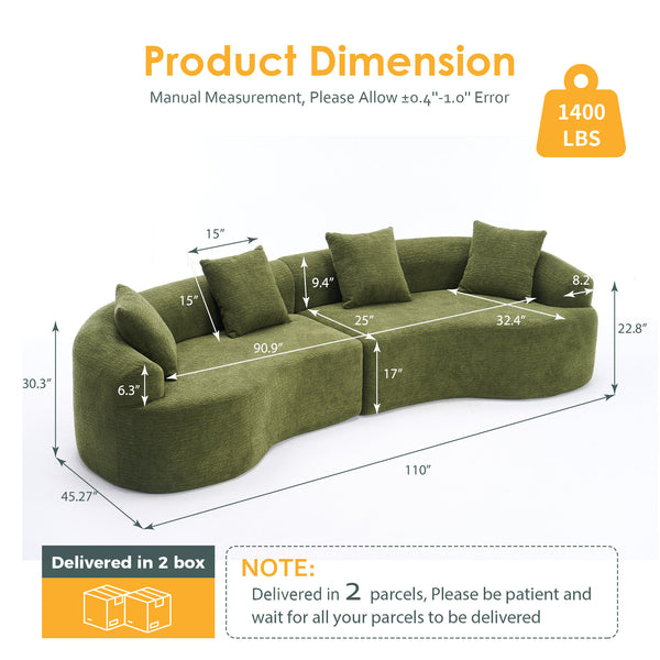 English Elm Curved Boneless Sofa modular 110" sectional with high-density foam & spring core, kid‑friendly curves, no assembly required for easy moving and cozy lounging Green W2231S00006