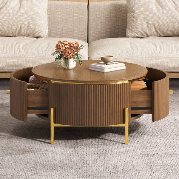 English Elm Modern Round Coffee Table with Gold Legs Two Drawers Brown Mdf Living Room N735P338995D