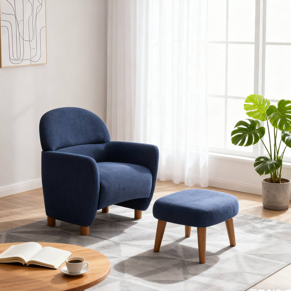 English Elm Modern Upholstered Accent Chair with Ottoman Set for Cozy Reading Nooks and Small Spaces Blue W2085P382558