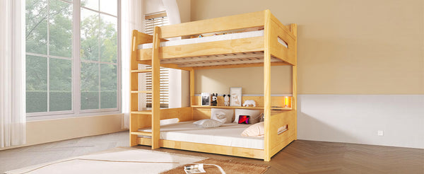 English Elm Queen Over Pine Bunk Bed with Built-in Shelves and Usb Charging Ports Wood N7090002238D