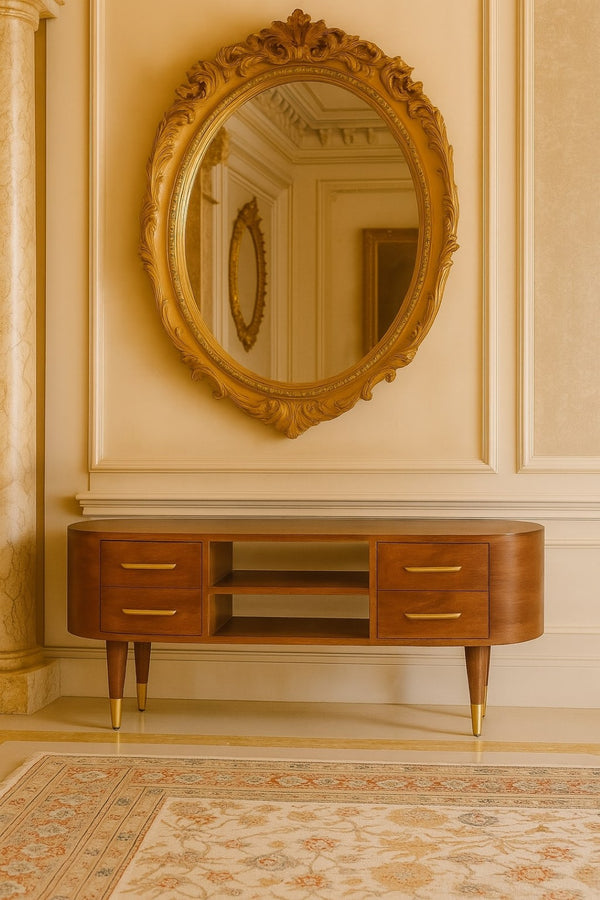 English Elm Solid Mango Wood Jetson Curve Media Console - Mid-Century Modern Design With Ample Storage Space B182P372129-GIGA