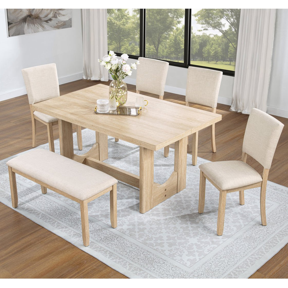 English Elm 6 Piece Light Oak Dining Set with Bench Upholstered Linen Chairs U-shaped Base W1998S00094