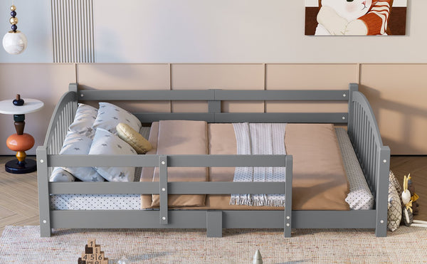 English Elm Full Montessori Pine Wood Floor Bed with Safety Rails Low Profile Kids Room Frame Gray N733P400299E