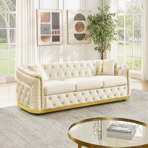 English Elm 84.6 Inch Chesterfield Velvet Tufted Sofa with Gold Steel Trim for Glam Living Rooms Beige W1191S00098