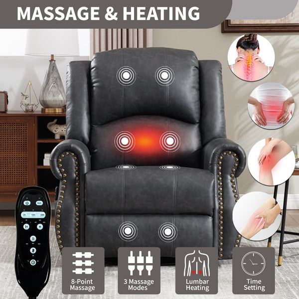 English Elm Heat Massage Rocker Swivel Recliner Chair with Lumbar Relief Nodes for Living Room Grey W3224S00030