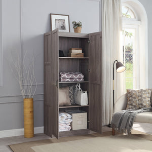 English Elm Hopkins Tall Storage Cabinet with 4 Adjustable Shelves, Soft-Close Doors & Black Metal Pulls Grey B365P398309