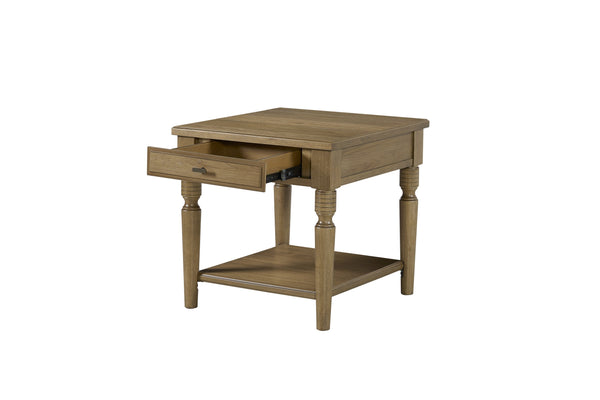English Elm End Table Hickory Veneer Turned Legs Open Shelf Drawer Traditional Living Room Accent Almond B2699P443217