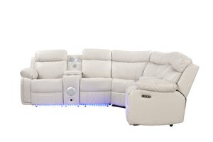 English Elm Lacrosse Power Reclining Sectional with Bluetooth Speakers, LED Lighting, USB Ports & Console Comfort Beige B009S01431