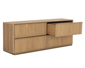 Sunpan Kalla Dresser - Elegant Oak Design with Gold Steel Base, Soft Closing Drawers, and Unique Texture Rustic Oak