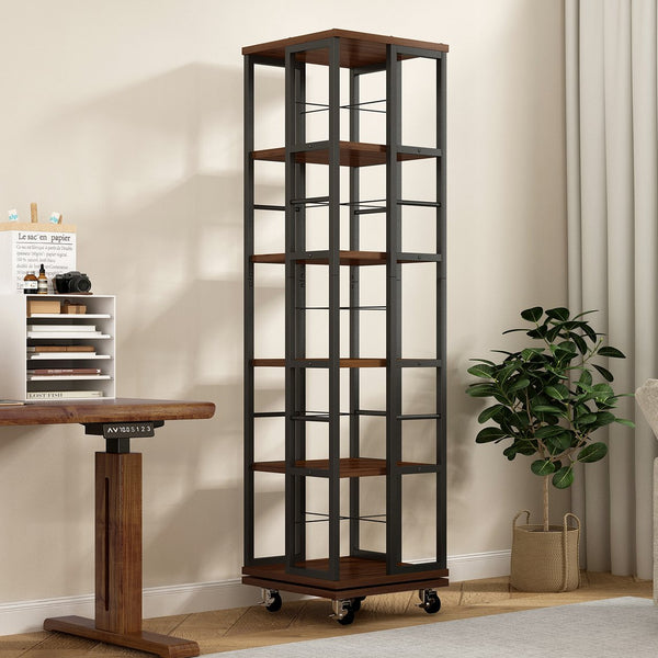English Elm 5 Tier Rotating Corner Bookcase Rustic Brown Steel Wood Spinning Floor Shelf W2641P399191