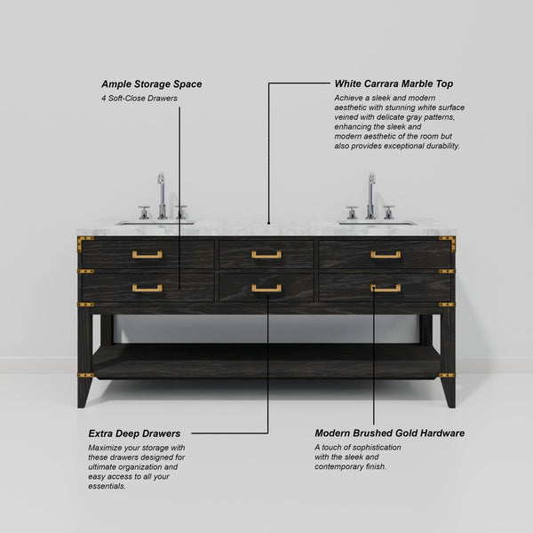 English Elm Black Oak Double Bath Vanity With Carrara Marble Top – Elegant Design, Spacious Storage & Soft-Close Drawers B2731P261045