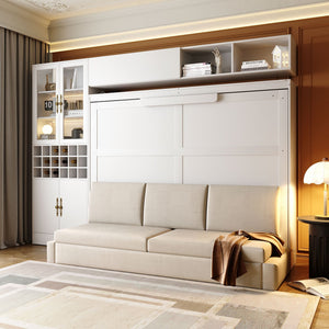 English Elm Queen Murphy Wall Bed Sofa with Open Shelving Usb Charging and Integrated Studio Lighting Gray,White LP100764AAK