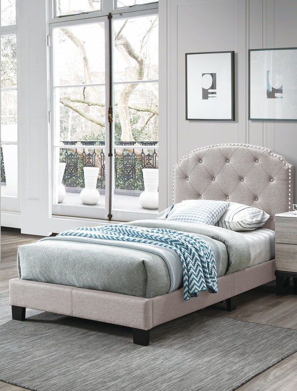 English Elm Light Gray Burlap Upholstered Twin Bed with Button Tufted Headboard and Nailhead Trim B011P415184