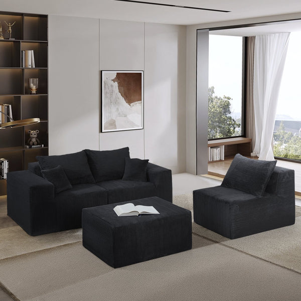 English Elm 4-Piece Modular L-Shaped Sectional Sofa with Corduroy Upholstery, Convertible Chaise, Pillows Included Black W3163S00038