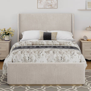English Elm King Corduroy Upholstered Bed with Vertical Channel Wingback Headboard, Metal Frame & Wood Slats, Light Grey N701P201394E