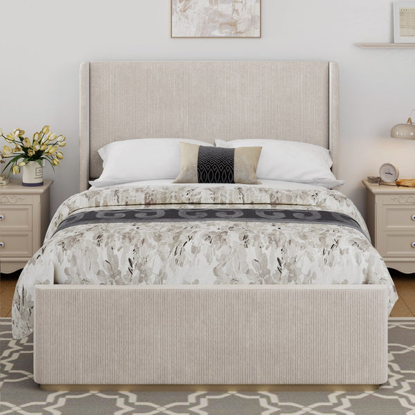 English Elm King Corduroy Upholstered Bed with Vertical Channel Wingback Headboard, Metal Frame & Wood Slats, Light Grey N701P201394E