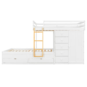 English Elm Full Size Bunk Bed with Integrated Drawers Wardrobe Mdf Solid Wood Kids Storage White LT000463AAK